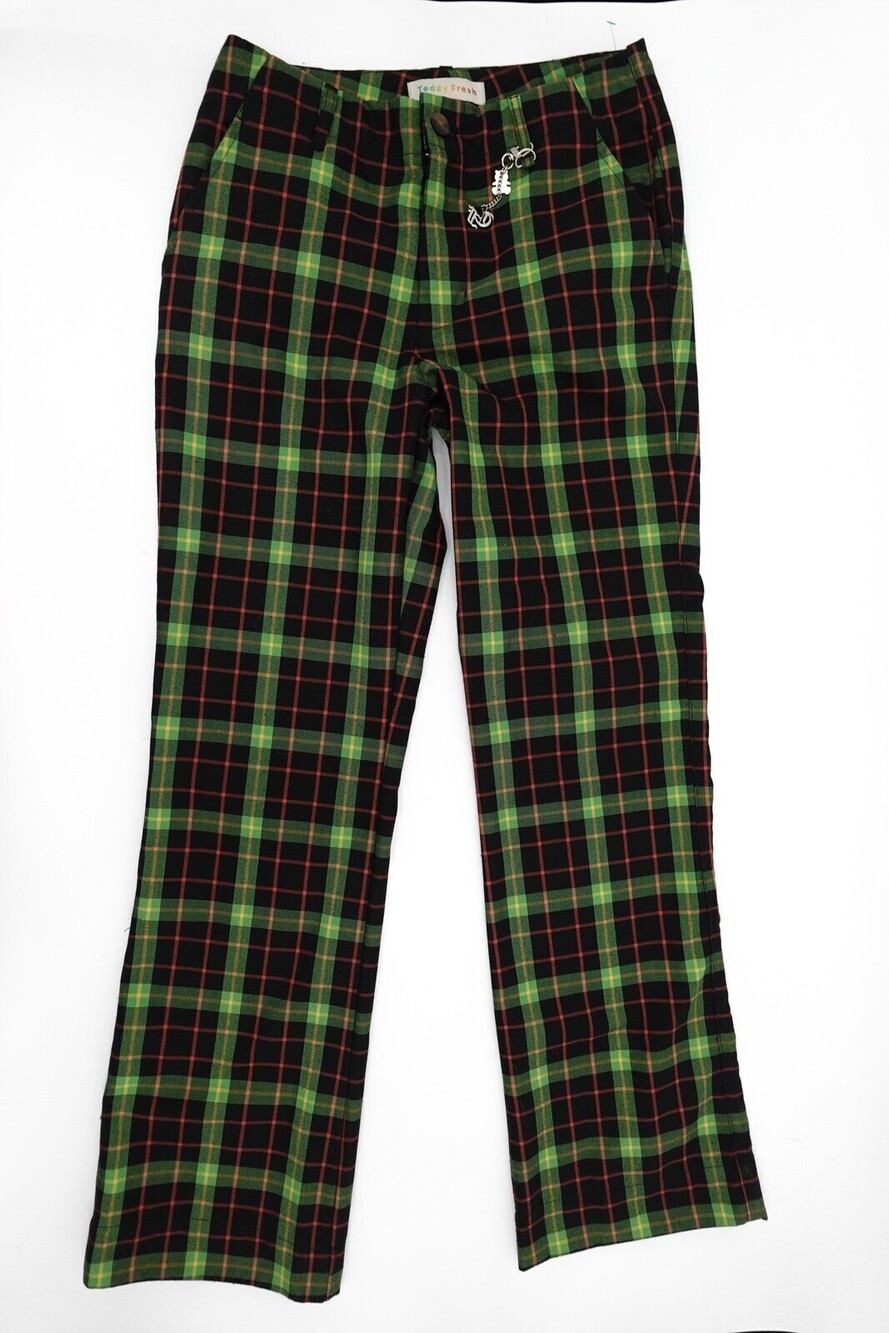 Teddy Fresh Pants Womens 27 Black Green Plaid Tartan Straight Leg Zip Fly Chain